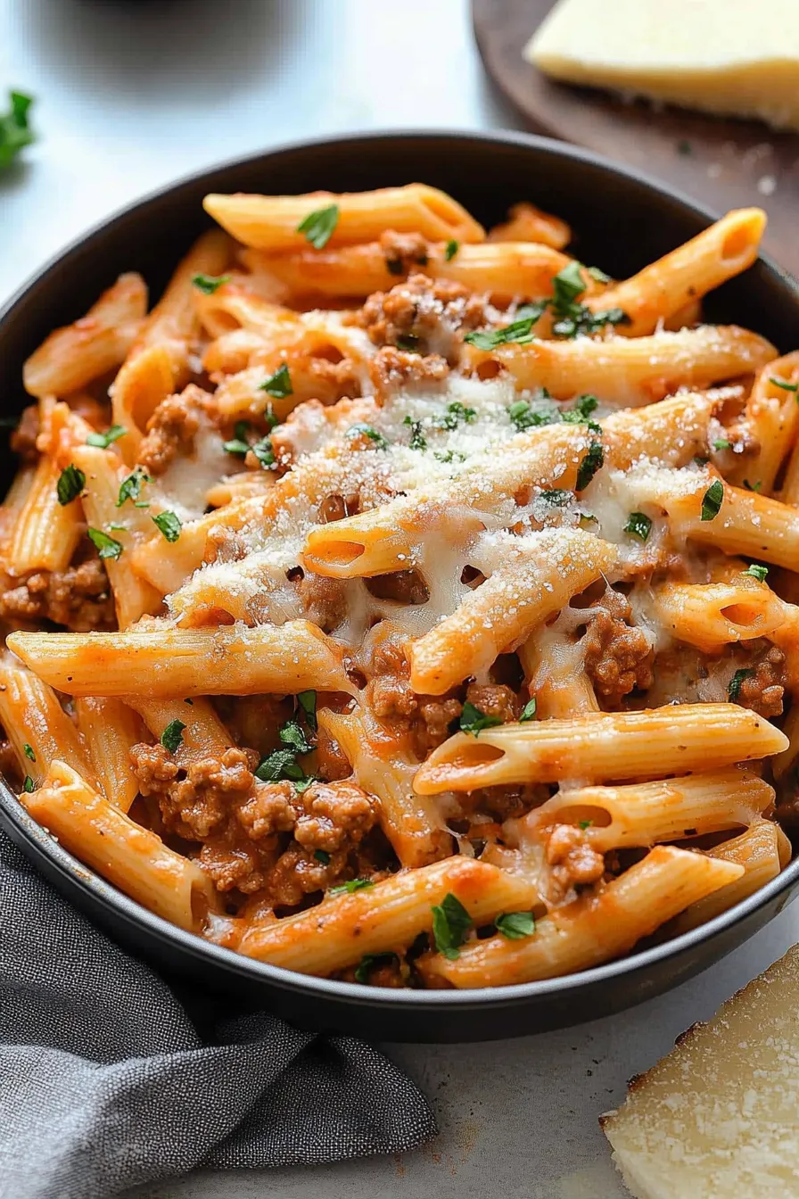 The Best Cheesy Penne with Garlic Butter Ground Beef Recipe