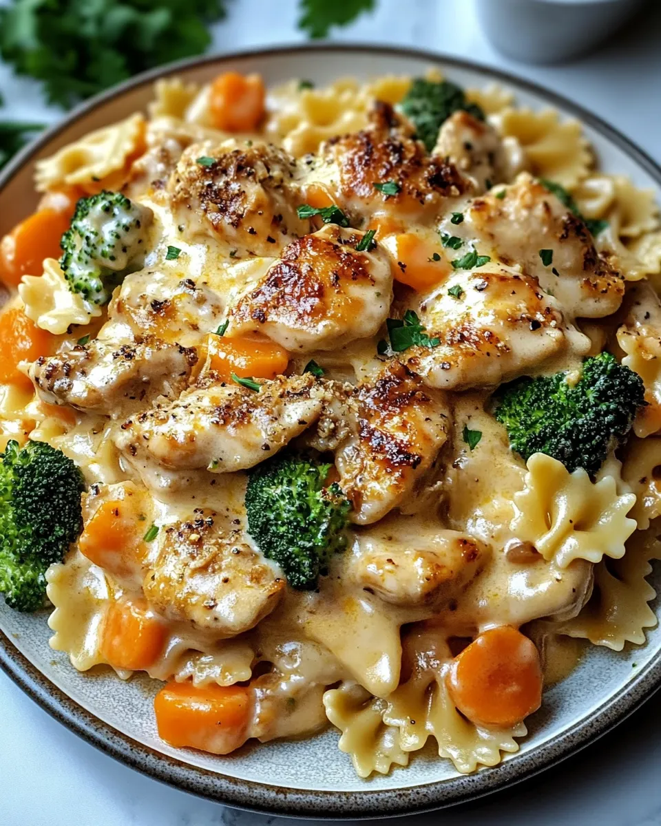 Cheddar & Havarti Chicken Bowtie Pasta with Roasted Broccoli & Carrots Recipe