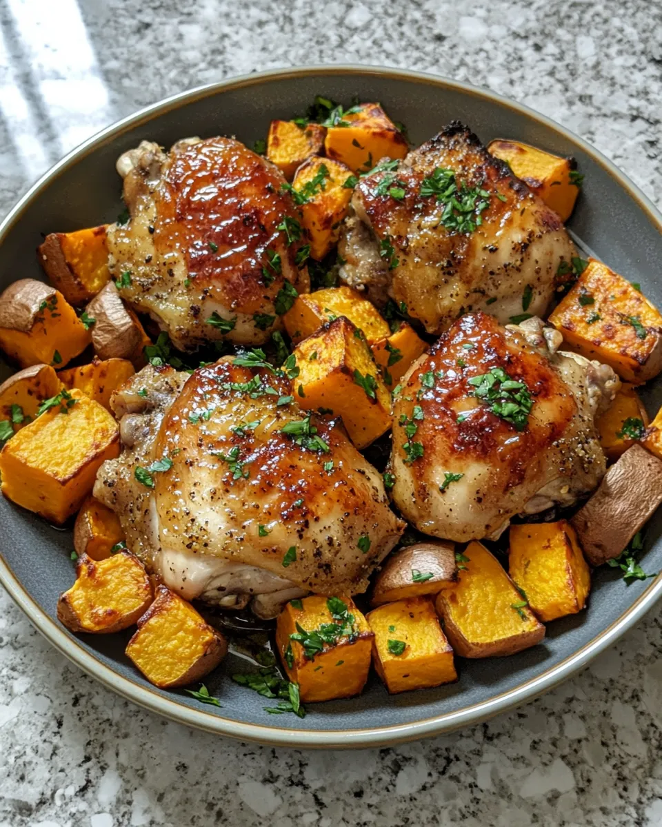 The Best Maple Dijon Roasted Chicken with Sweet Potatoes Recipe