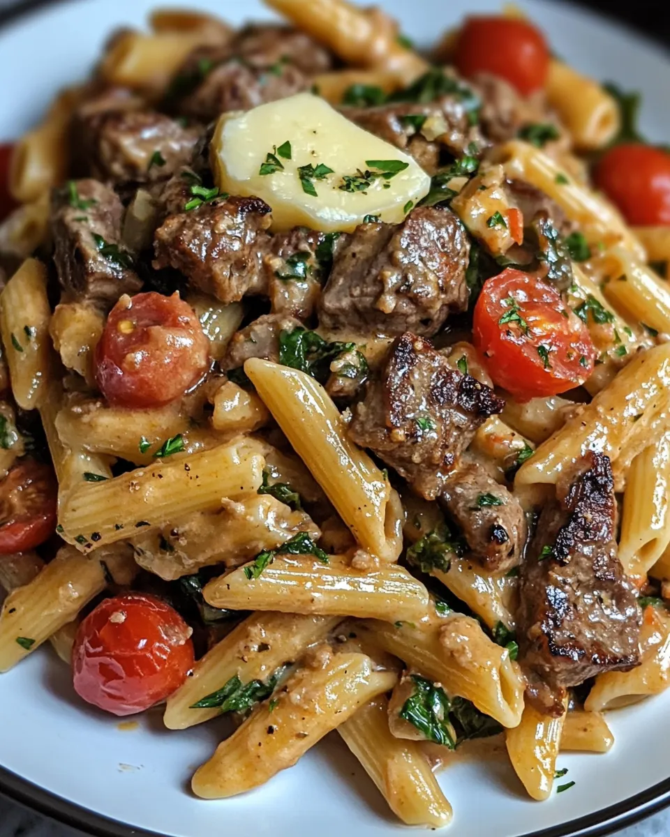 Cowboy Butter Steak Penne with Spinach & Cherry Tomatoes Recipe