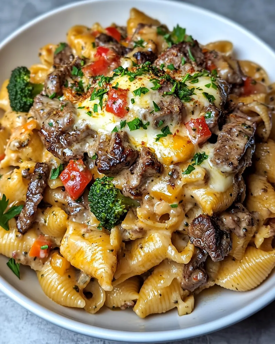 Cheesy Garlic Steak Shells with Broccoli & Peppers Recipe