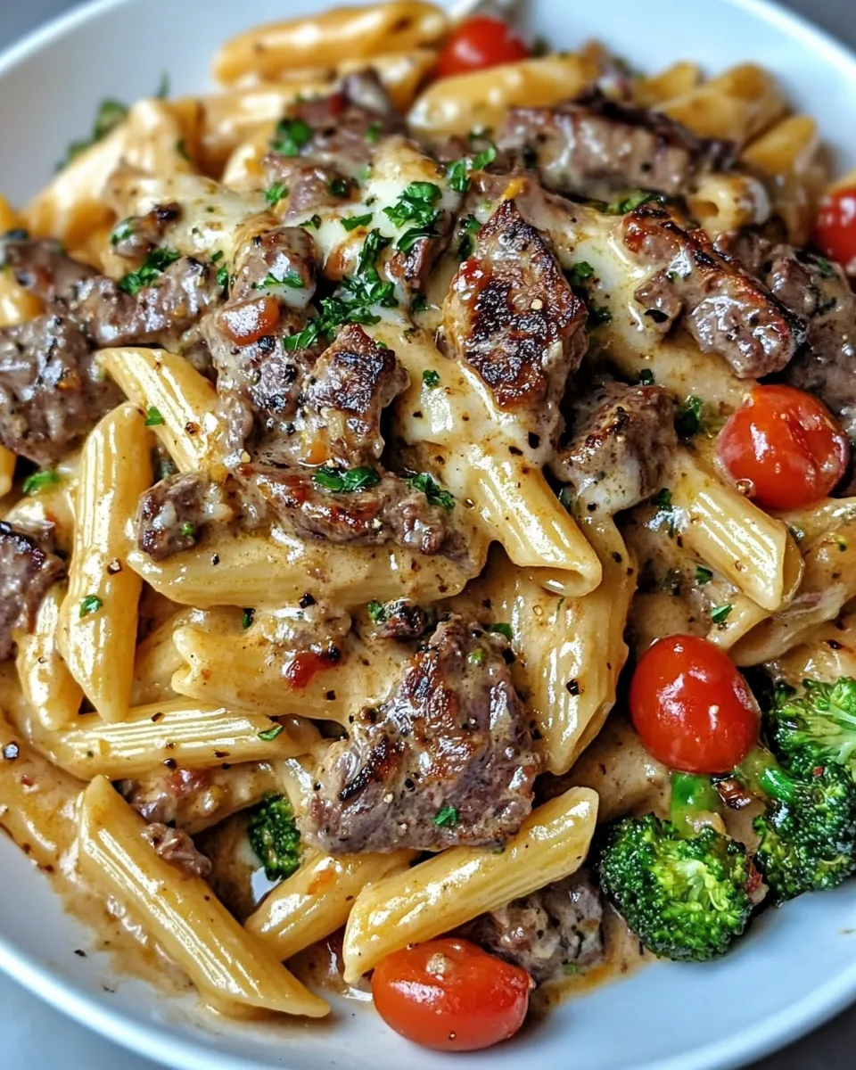 Creamy Garlic Steak Penne with Broccoli & Cherry Tomatoes Recipe