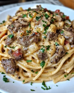 Steak Alfredo Spaghetti with Creamy Parmesan and Roasted Red Peppers Recipe 15 0 3 2025 10 16T211429.320