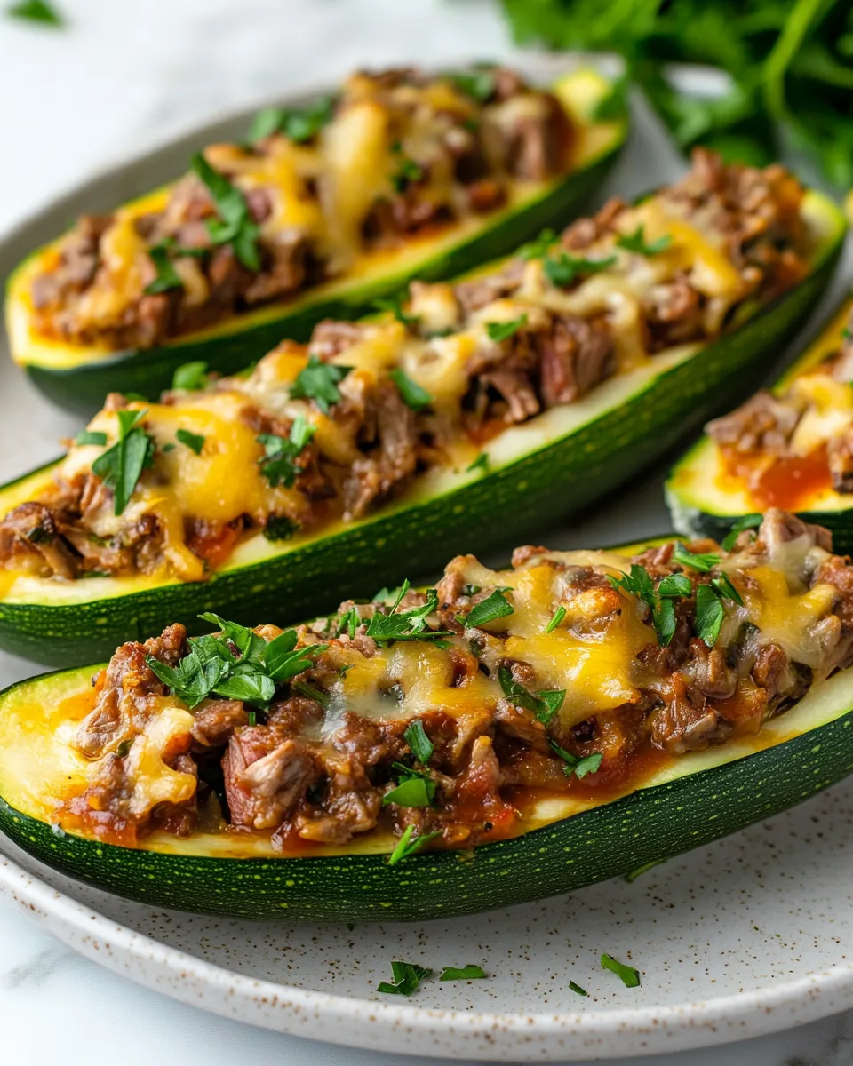 Cheesy Prime Rib Stuffed Zucchini Boats