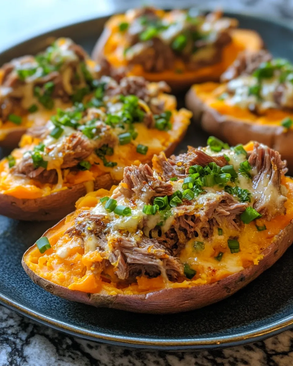 Cheesy Prime Rib Loaded Sweet Potatoes