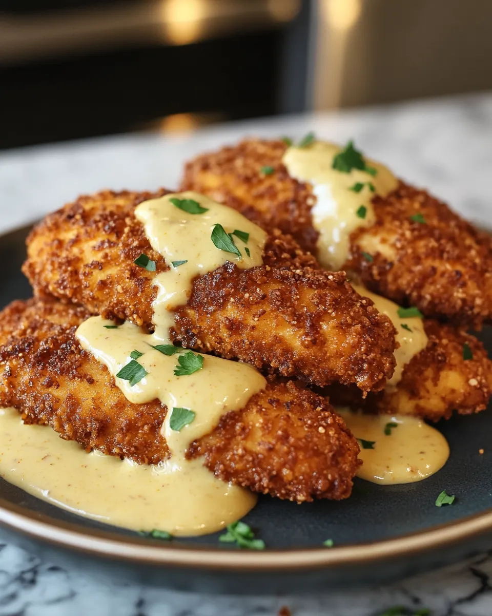 Crispy Pretzel Chicken with Creamy Mustard-Cheddar Sauce