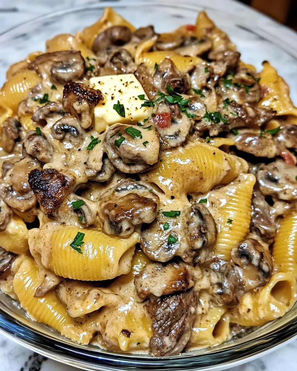 Creamy Steak Shells with Roasted Mushrooms & Onions