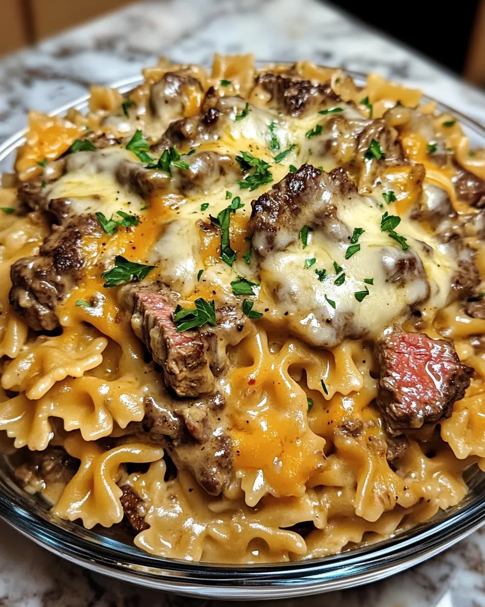 Creamy Steak & Sweet Onion Bowtie Pasta