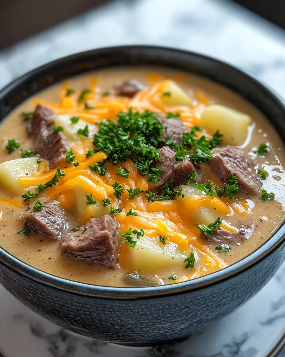 Easy Prime Rib Cheddar Potato Soup
