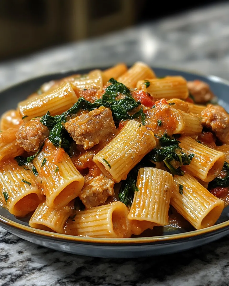One-Pan Creamy Sausage Rigatoni with Garlic & Spinach