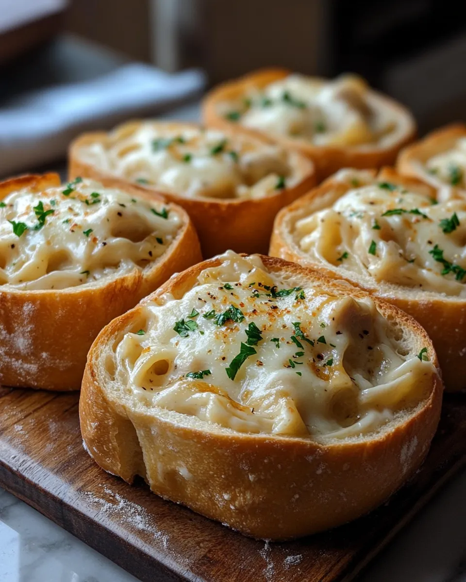 Creamy Chicken Alfredo Bread Bowls with Garlic Butter