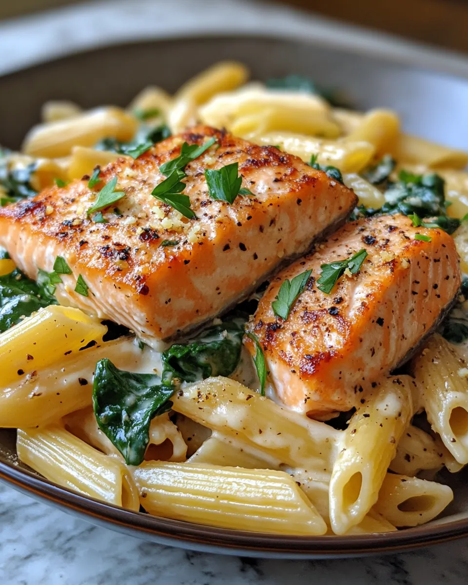 Cheesy Creamy Salmon Spinach Pasta Skillet