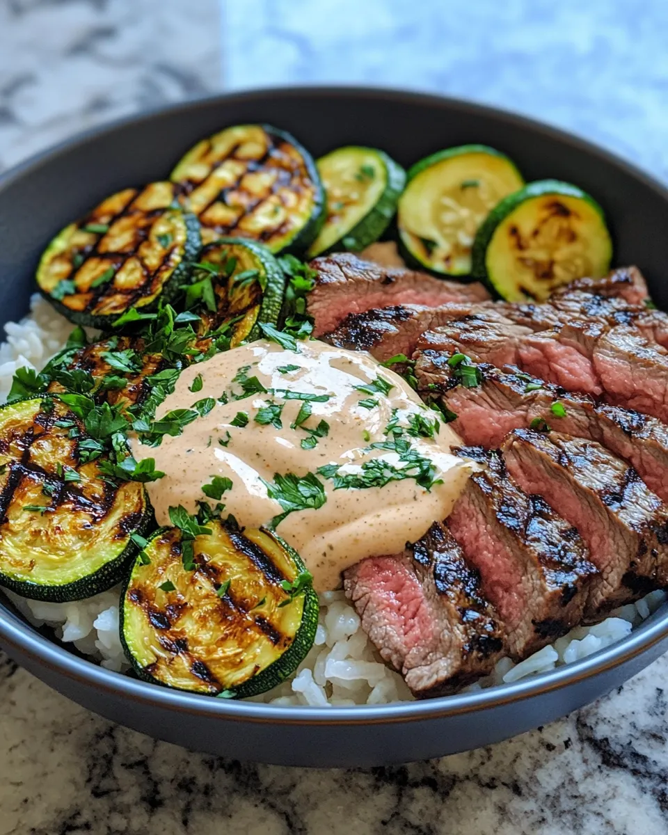 Hearty Grilled Steak Bowl with Creamy Sauce & Grilled Zucchini