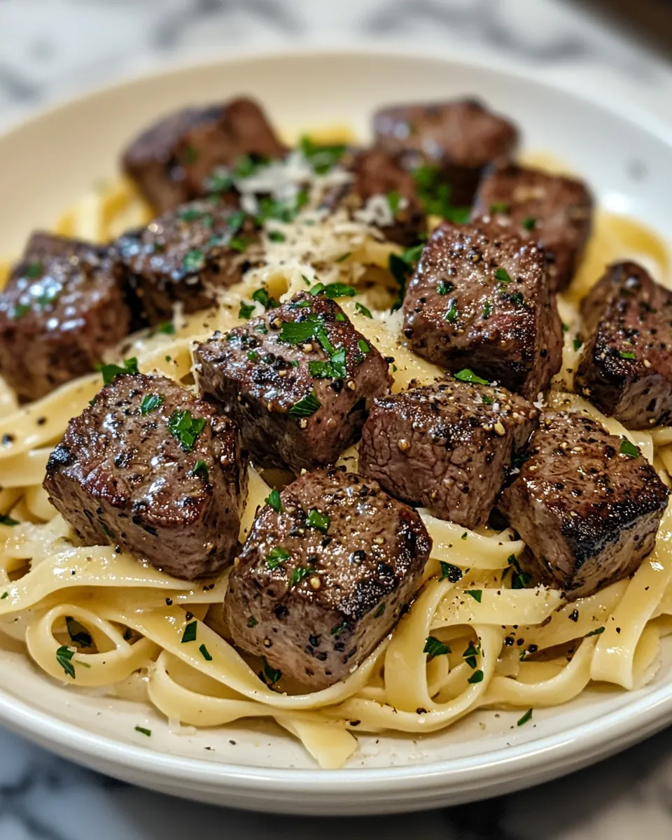 Delicious Garlic Butter Steak Bites with Creamy Parmesan Pasta