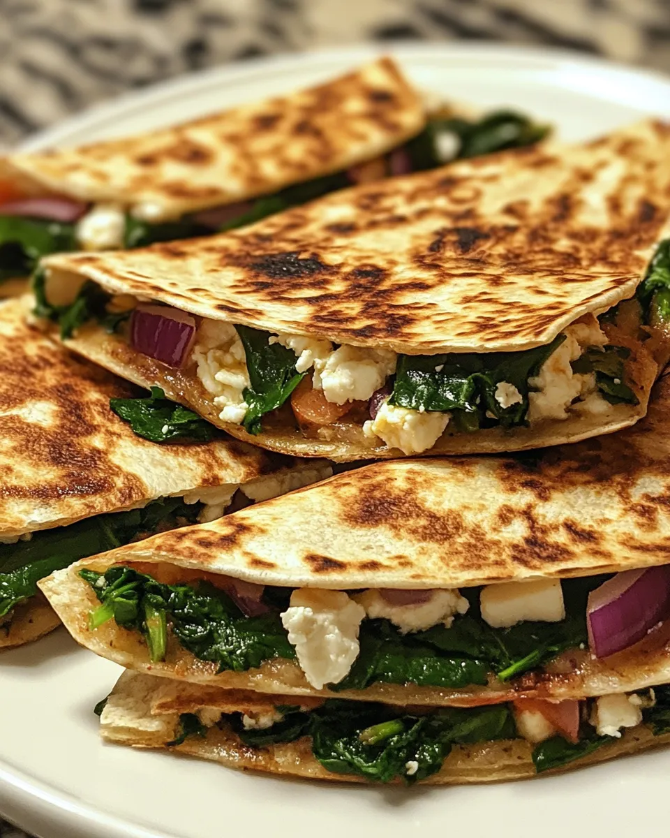 Irresistible Mediterranean Quesadillas with Spinach, Feta, Mozzarella, and Red Onion