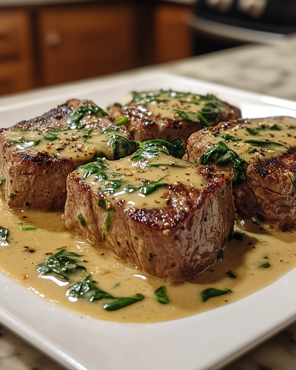 Skillet Steak with Garlic Cream Sauce and Spinach
