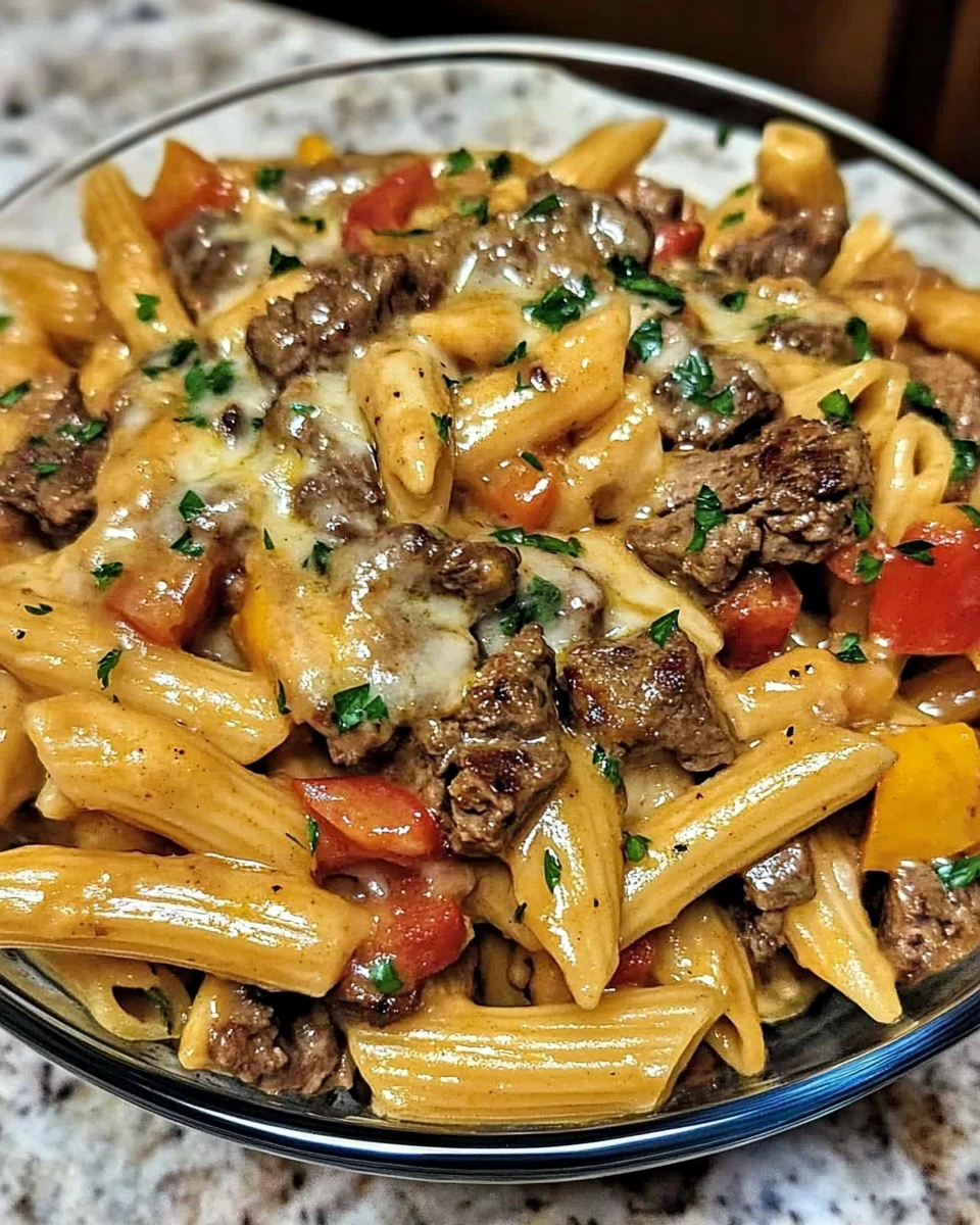 Creamy Steak Penne with Bell Peppers & Parmesan Cheese